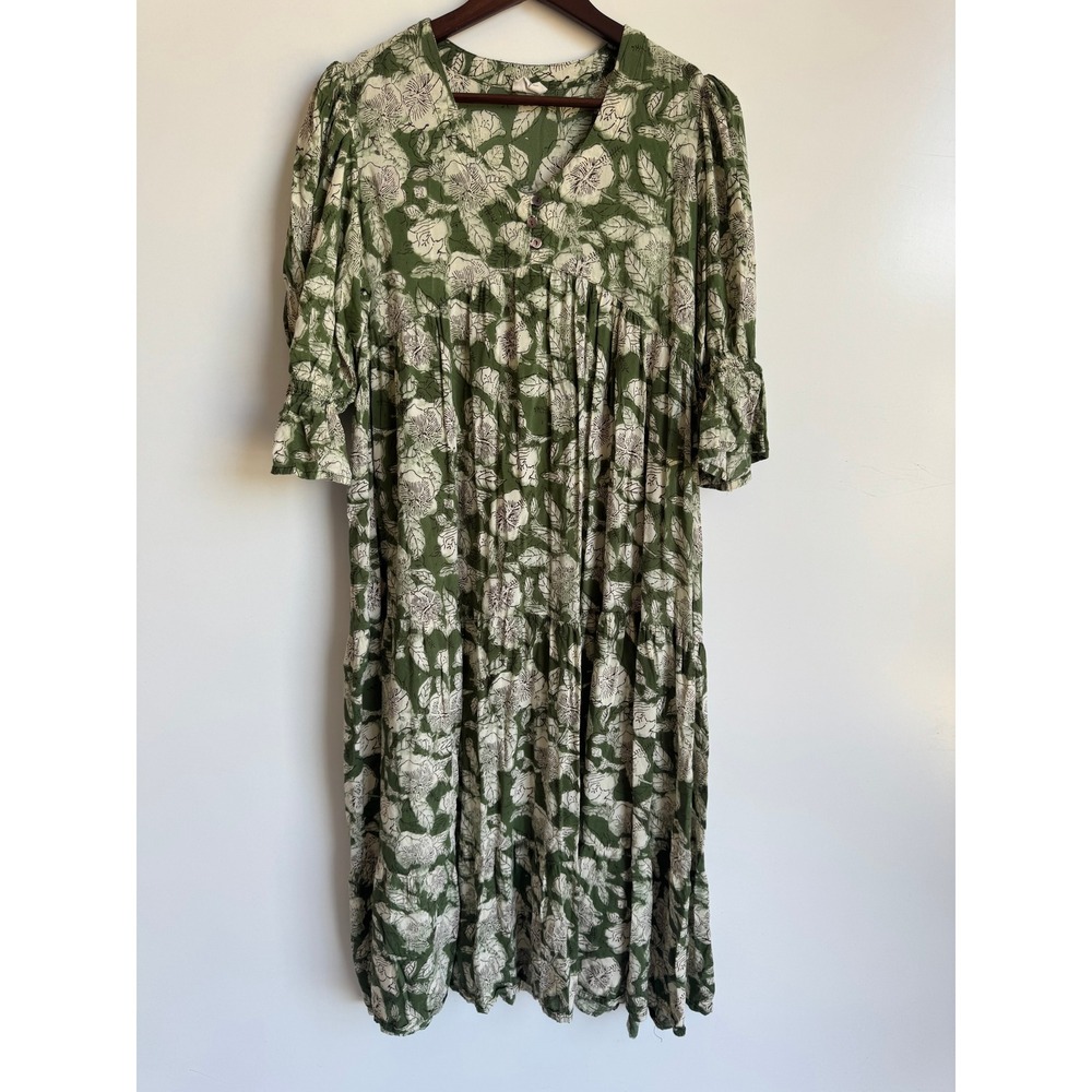 Diza:‎ Green Floral Tiered Midi Dress Women Small V-Neck Ruffle Sleeve Pockets